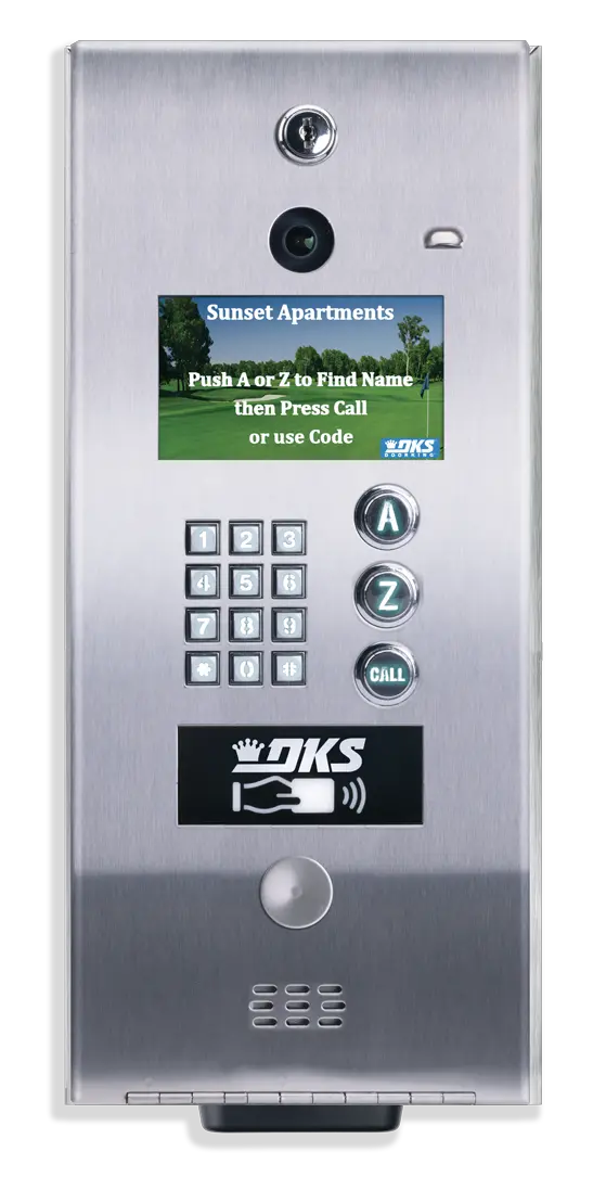 DKS eVolve 2132 video entry system with color display, keypad, camera, and call buttons for secure access control