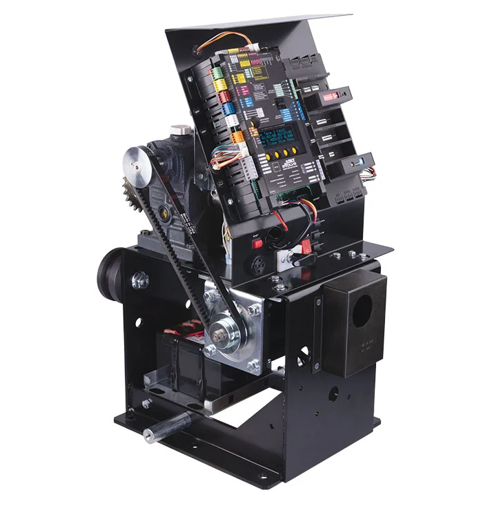 Internal chassis of the DKS 2170 gate operator showing the powder-coated galvanized steel frame, belt drive assembly, and mounted controller board.