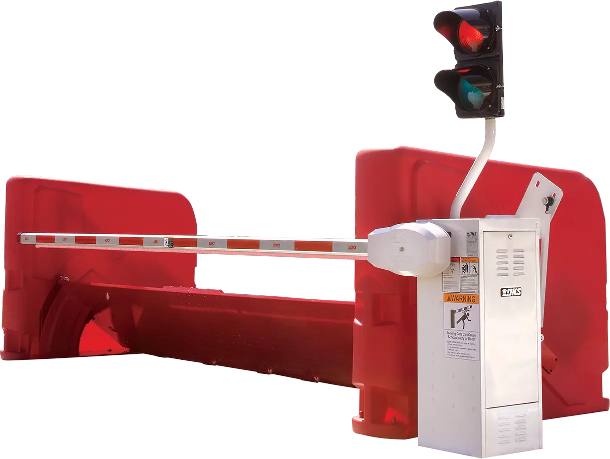 DoorKing 1625 surface-mount wedge barrier in raised position, showing a tall red steel wedge plate designed for vehicle traffic control.