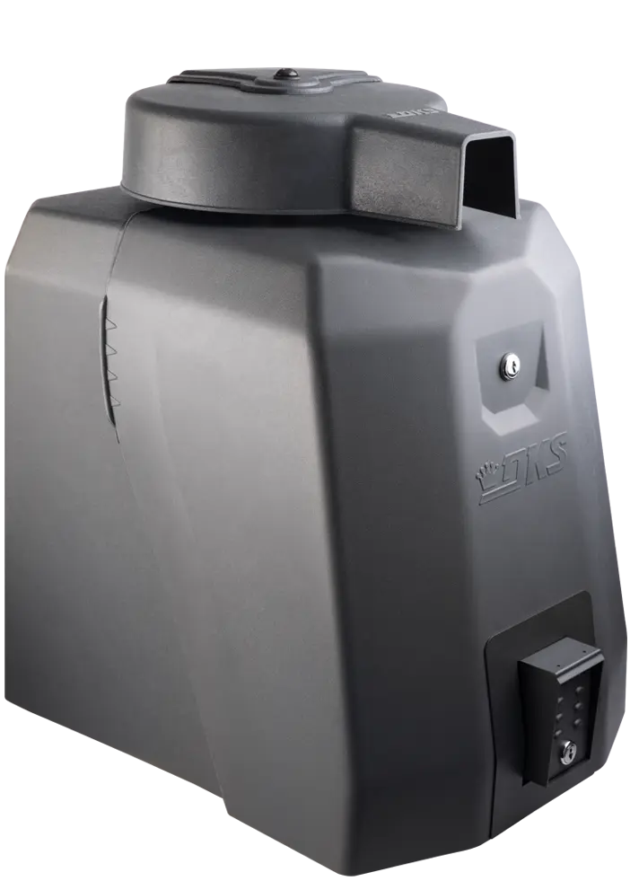 DoorKing (DKS) 2160 series swing gate operator installed on a brick gate pillar. The silver control box and linear actuator arm are visible, attached to a black wrought-iron swing gate partially open. The image shows a typical residential driveway entrance with a slider-style product showcase presentation.