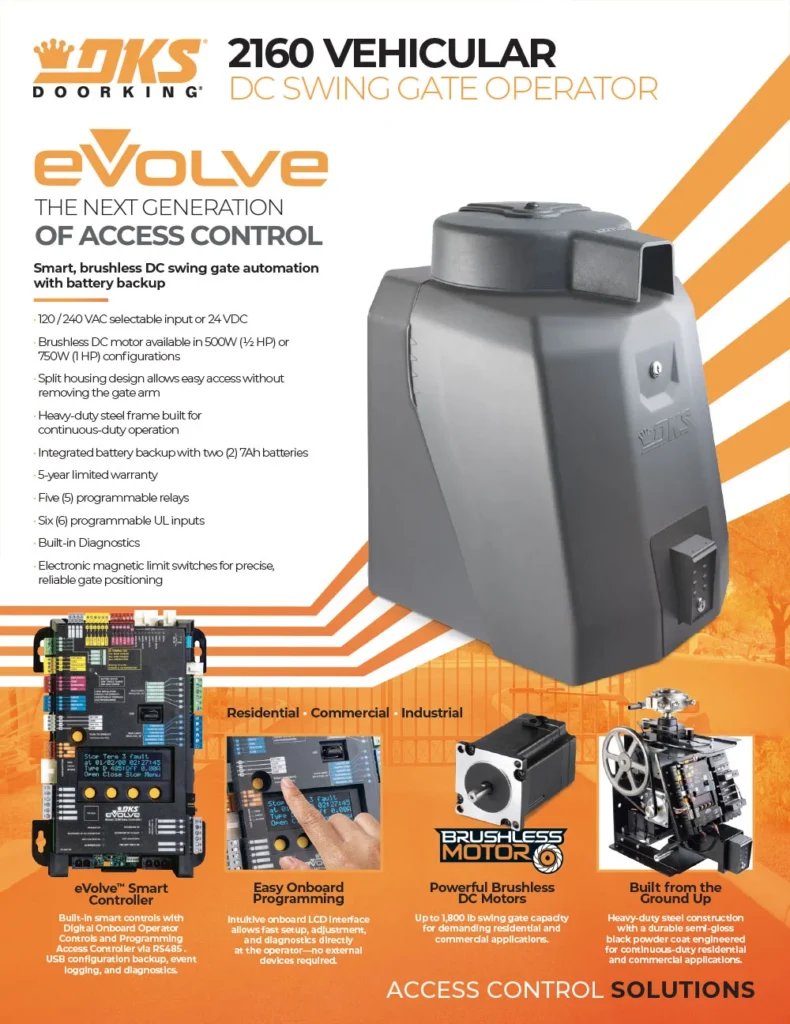 Cover image of the DKS 2160 eVolve swing gate operator cutsheet